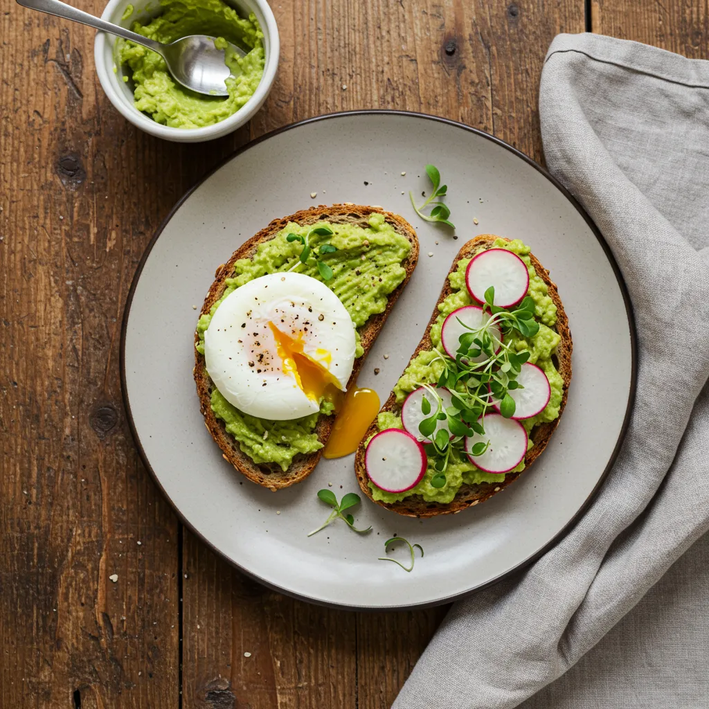 Fresh avocado toast with a poached egg and radishes on whole-grain bread, served on a rustic plate.
