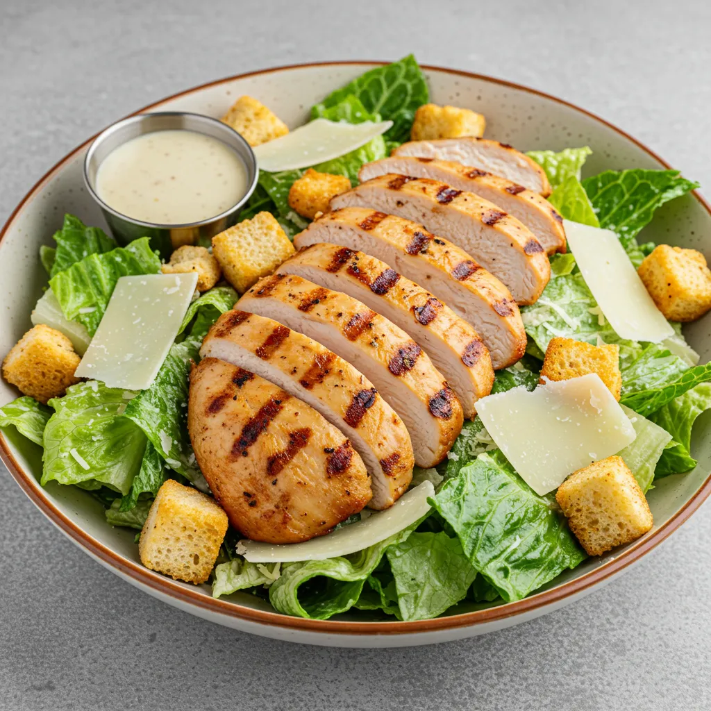 A classic Caesar salad with romaine lettuce, crispy croutons, Parmesan cheese, and creamy Caesar dressing.