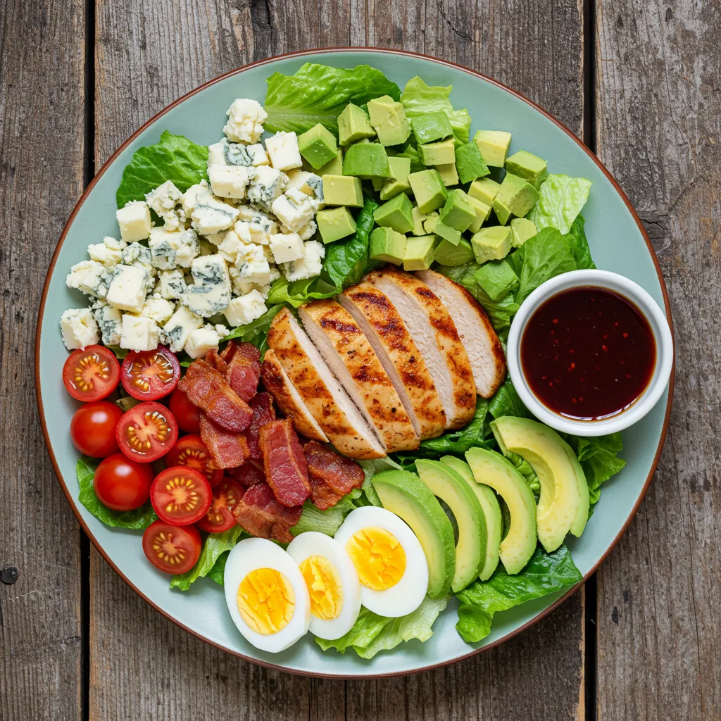 A fresh Cobb Salad with grilled chicken, crispy bacon, hard-boiled eggs, avocado, cherry tomatoes, blue cheese, and red wine vinaigrette on a rustic plate.