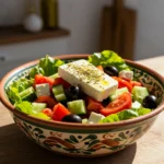 A fresh Greek salad in a decorative ceramic bowl with cucumbers, tomatoes, olives, and a block of feta cheese drizzled with olive oil and oregano.