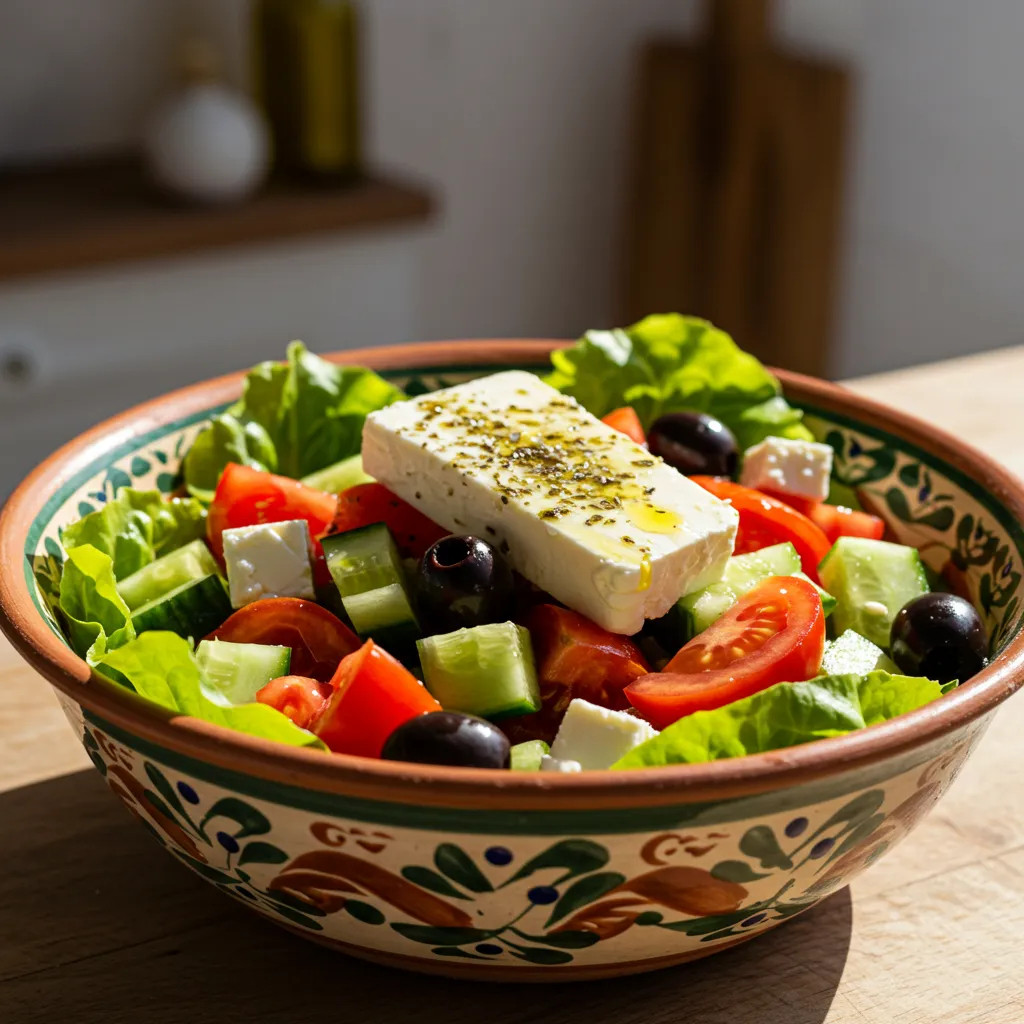 A fresh Greek salad in a decorative ceramic bowl with cucumbers, tomatoes, olives, and a block of feta cheese drizzled with olive oil and oregano.