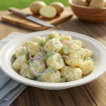 A creamy homemade potato salad with dill, celery, and red onion, served in a white bowl on a wooden table. Fresh potatoes in the background.