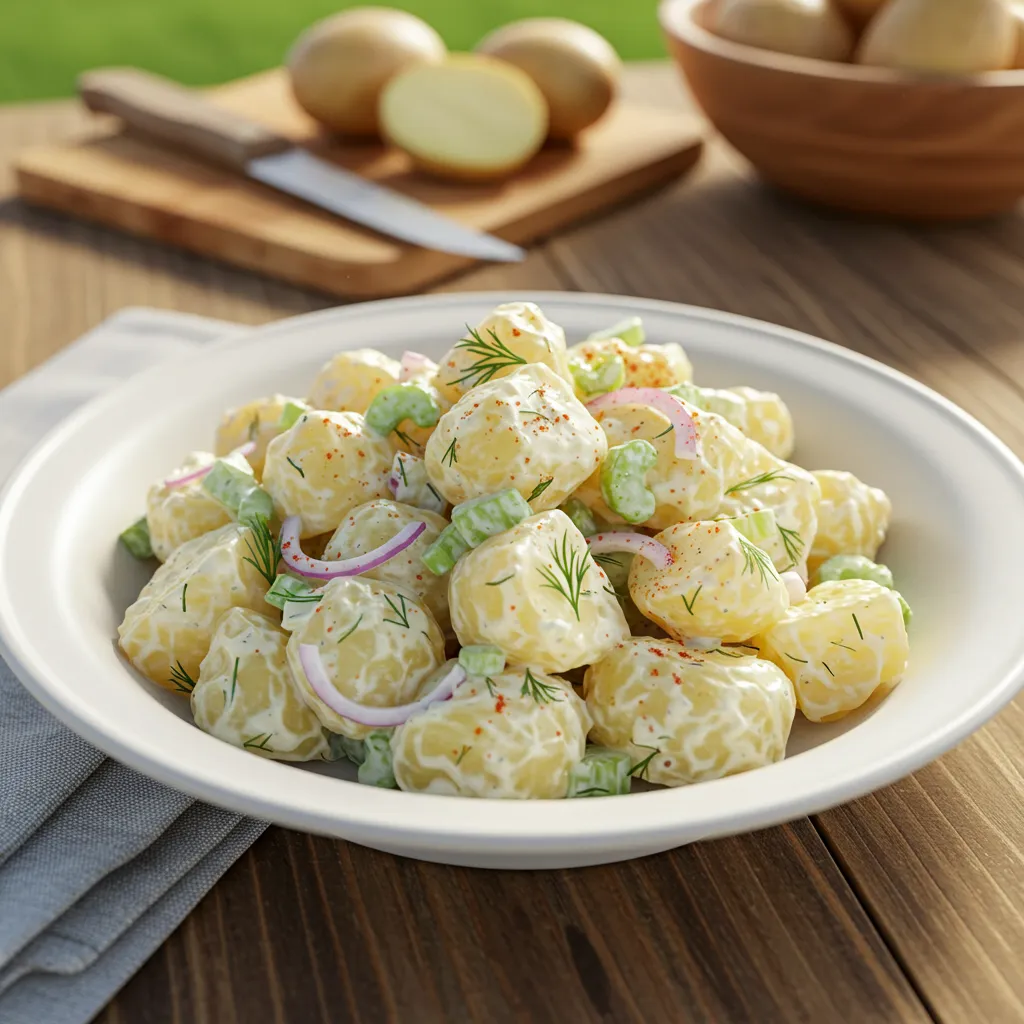 A creamy homemade potato salad with dill, celery, and red onion, served in a white bowl on a wooden table. Fresh potatoes in the background.