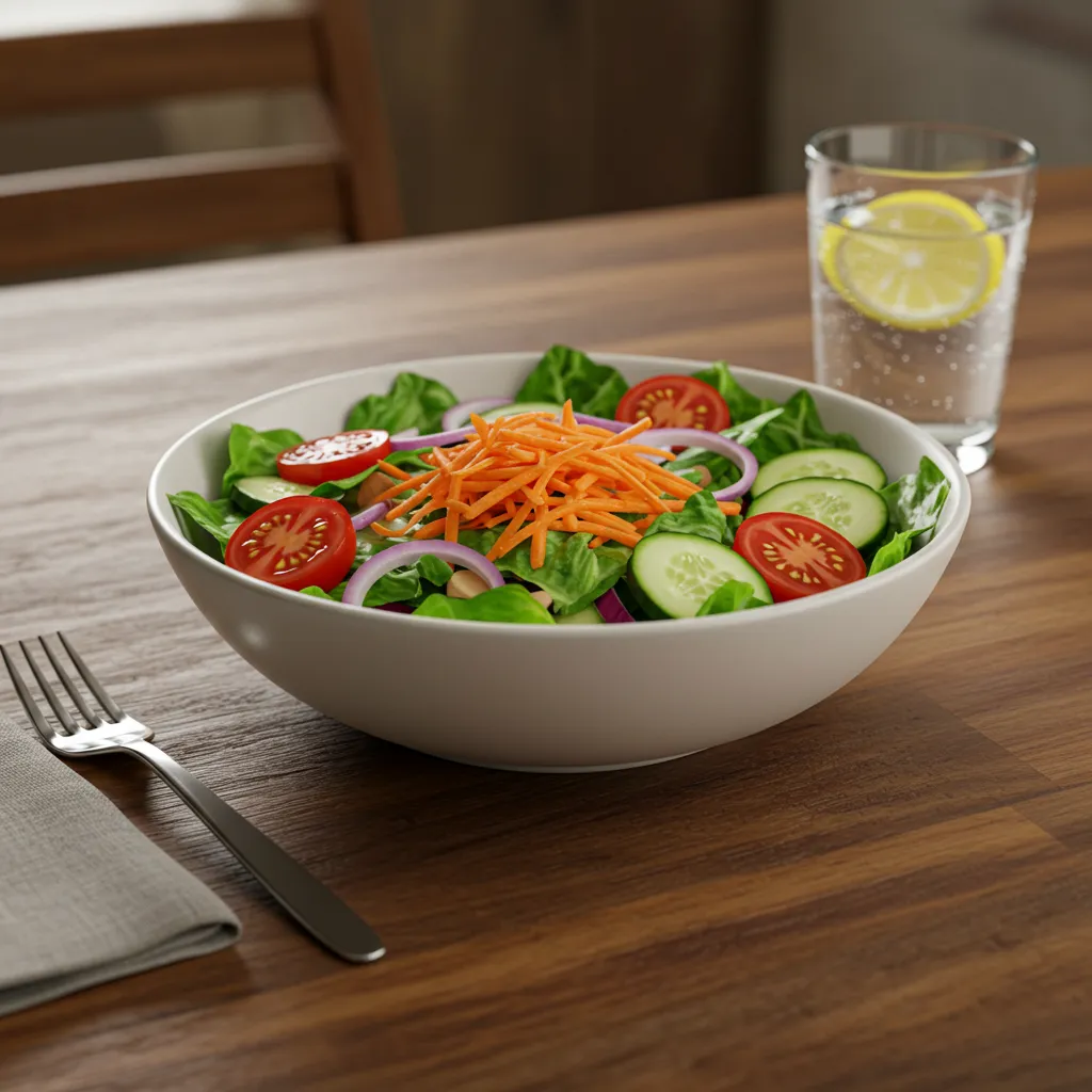 A fresh house salad in a white bowl with lettuce, cherry tomatoes, sliced cucumbers, shredded carrots, and red onions, served on a wooden table with a glass of lemon water.