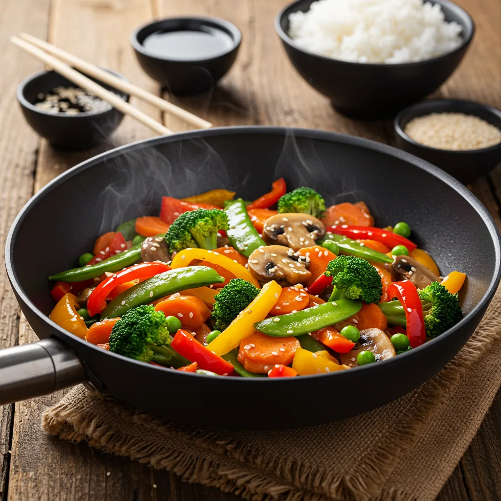 A colorful vegetable stir-fry in a black wok with broccoli, bell peppers, snap peas, and mushrooms, garnished with sesame seeds. Served with rice.