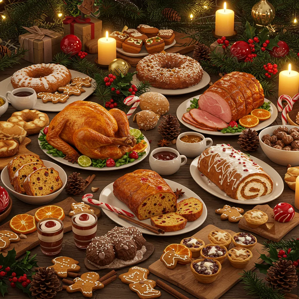 A beautifully decorated Christmas tree featuring gingerbread cookies, dried orange slices, apples, and twinkling lights, creating a warm holiday atmosphere.