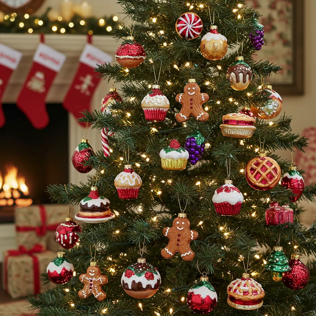 A Christmas tree decorated with Food Christmas Ornaments, including gingerbread men, cupcakes, pies, and festive holiday treats, glowing with warm lights.