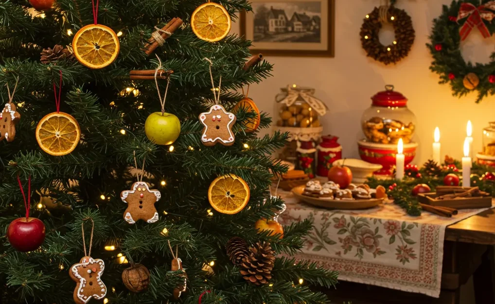 A Christmas tree decorated with food-themed ornaments, including gingerbread cookies, dried orange slices, apples, nuts, and cinnamon sticks, with a cozy holiday setting in the background.