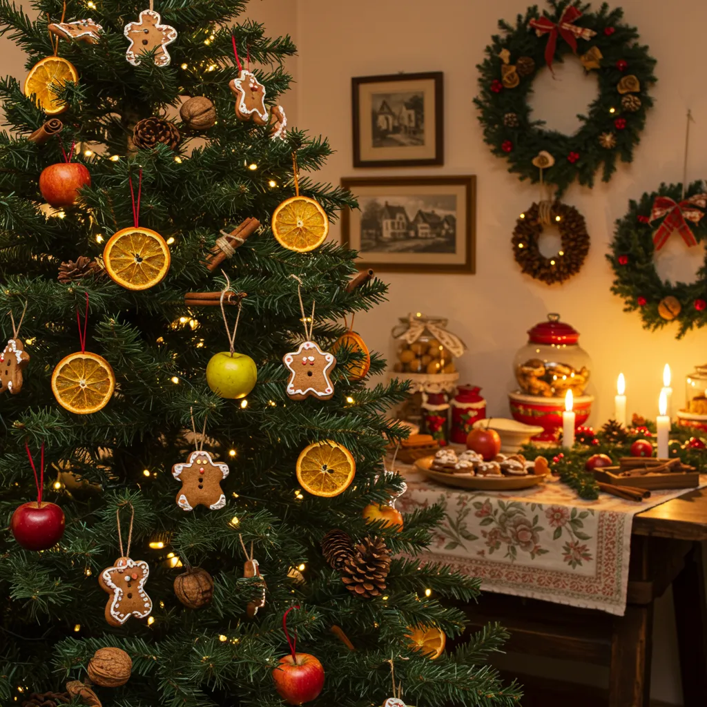 A Christmas tree decorated with food-themed ornaments, including gingerbread cookies, dried orange slices, apples, nuts, and cinnamon sticks, with a cozy holiday setting in the background.