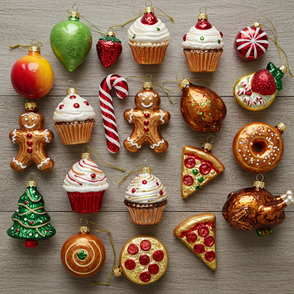 A collection of Food Christmas Ornaments, including gingerbread men, cupcakes, candy canes, pizza slices, and festive treats, displayed on a wooden surface.