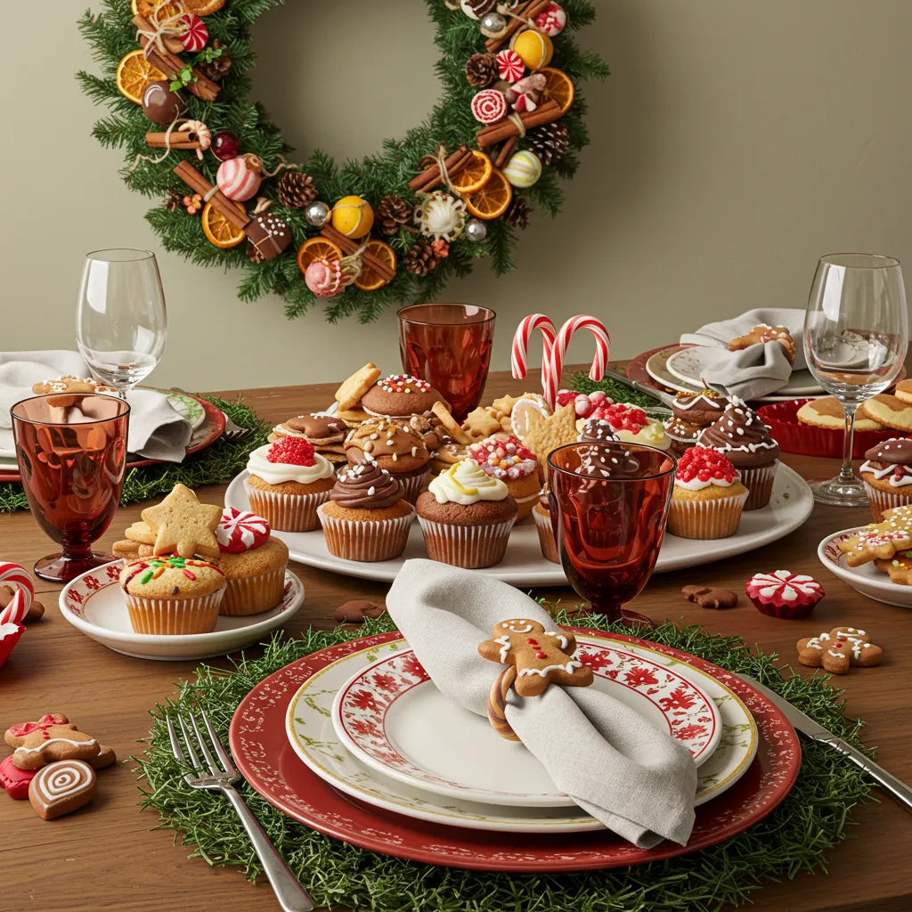 A festive holiday table decorated with Food Christmas Ornaments, featuring cupcakes, cookies, candy canes, and a wreath made of dried fruit and sweets.