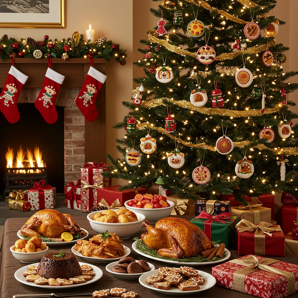 A Christmas tree decorated with Food Christmas Ornaments, next to a festive table filled with roasted turkey, holiday desserts, and wrapped gifts by a fireplace.
