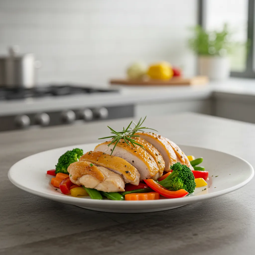 Steamed chicken breast sliced and served on a bed of colorful vegetables, garnished with fresh rosemary.