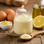 A jar of creamy homemade mayonnaise with fresh ingredients like eggs, mustard, lemon, and olive oil on a rustic wooden table.