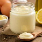 A jar of creamy homemade mayonnaise with fresh ingredients like eggs, mustard, lemon, and olive oil on a rustic wooden table.