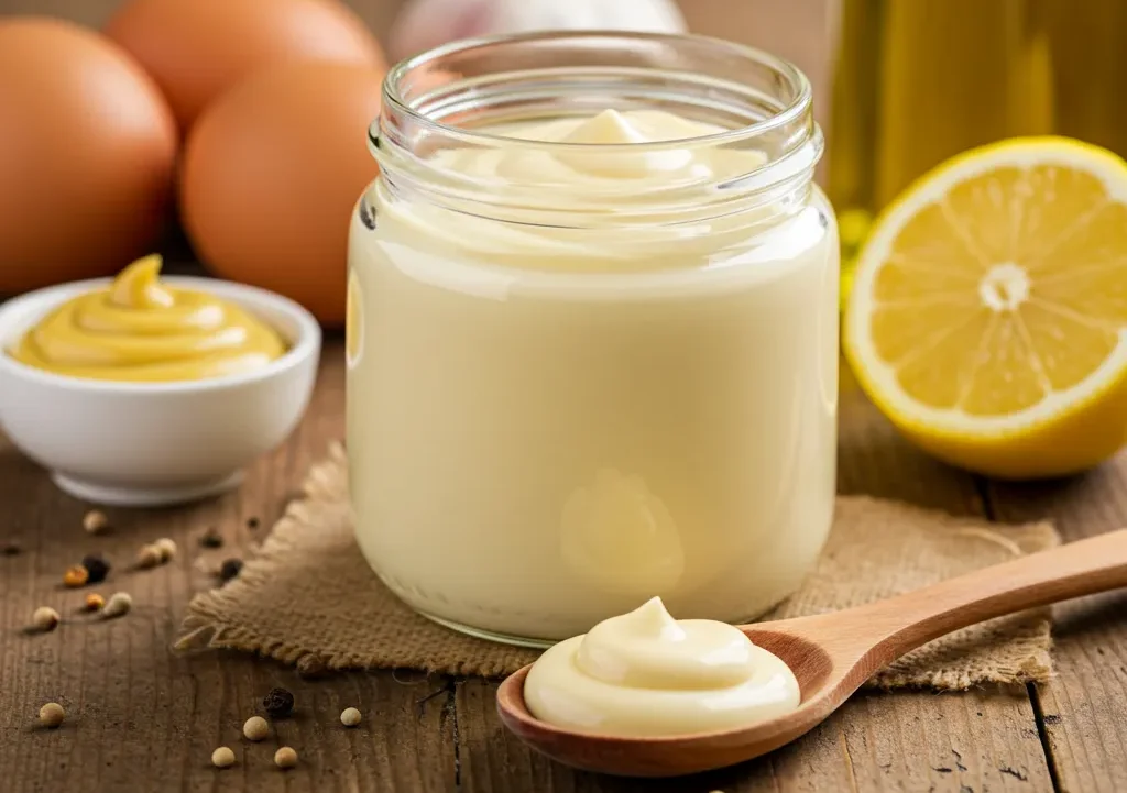 A jar of creamy homemade mayonnaise with fresh ingredients like eggs, mustard, lemon, and olive oil on a rustic wooden table.