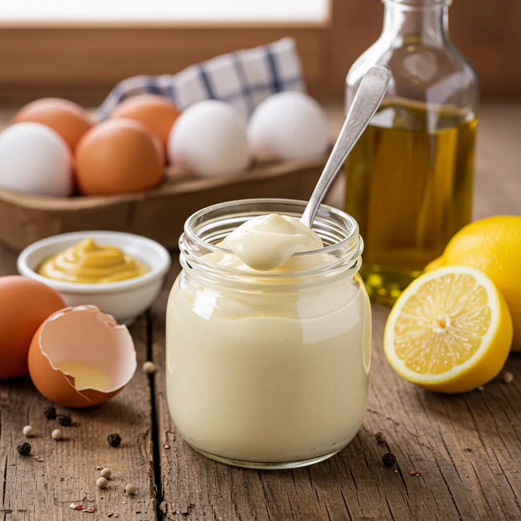 A jar of homemade mayonnaise with a spoon, surrounded by fresh eggs, mustard, lemon, and olive oil on a rustic wooden table.