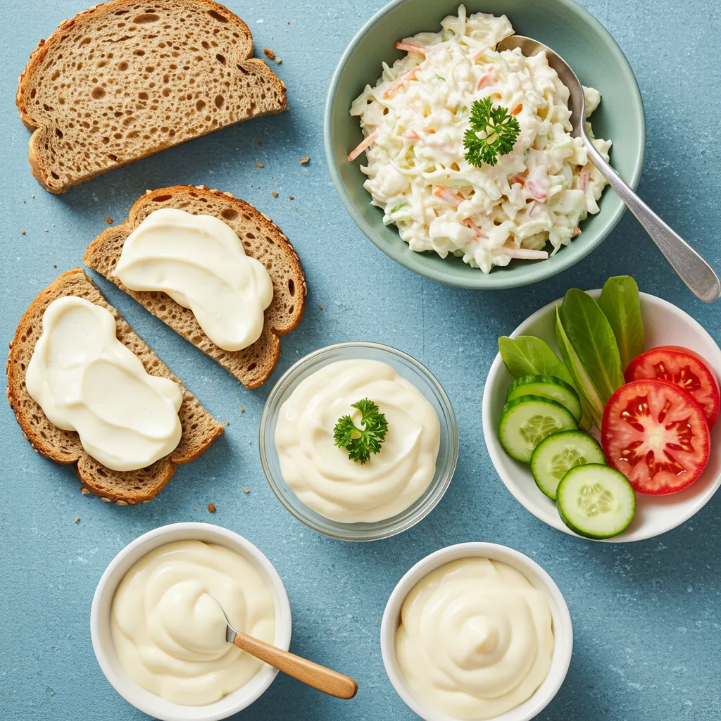 A spread of homemade mayonnaise with bread, coleslaw, fresh vegetables, and dipping bowls on a blue background.