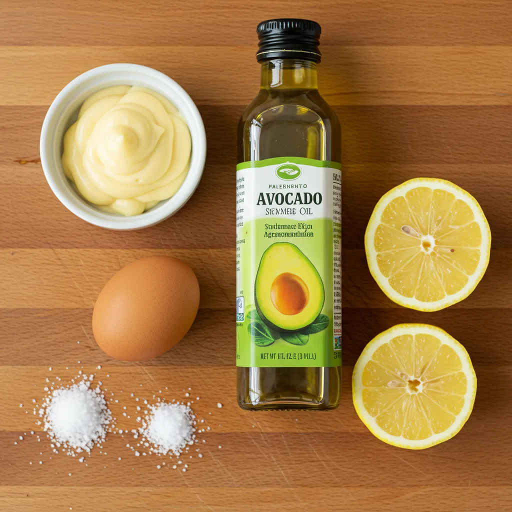 Ingredients for homemade mayonnaise, including avocado oil, an egg, lemon halves, salt, and a small bowl of mayo on a wooden surface.