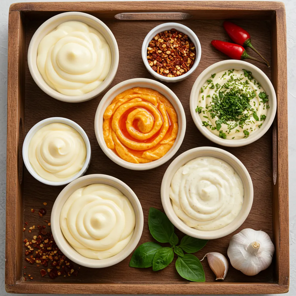 A wooden tray with different homemade mayonnaise variations, including classic, spicy, garlic, and herb-infused mayo.