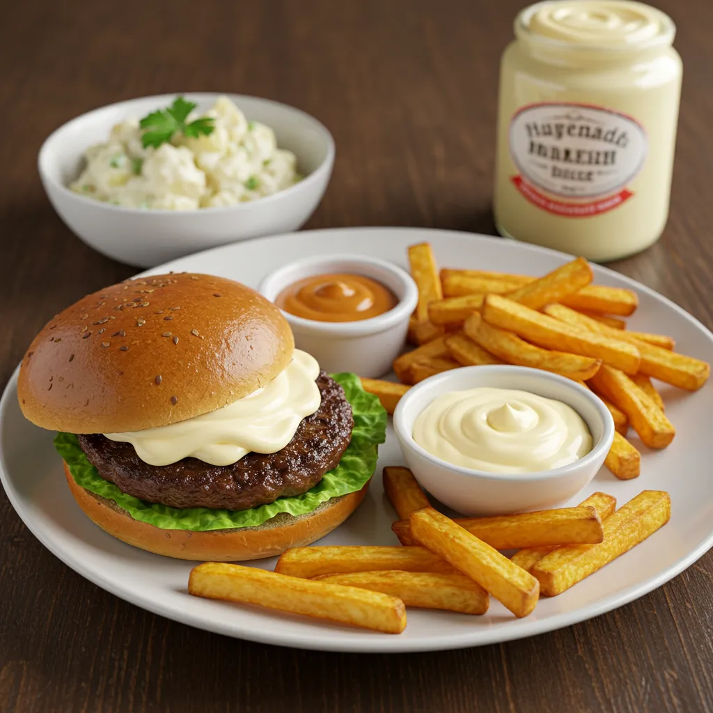 A juicy burger with homemade mayonnaise, served with crispy fries, dipping sauces, and potato salad on a wooden table.