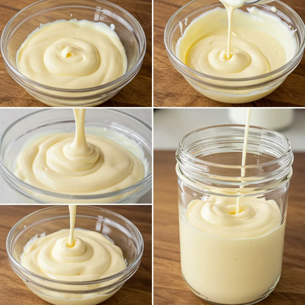 A step-by-step visual of homemade mayonnaise being poured and thickened in a glass bowl and jar.
