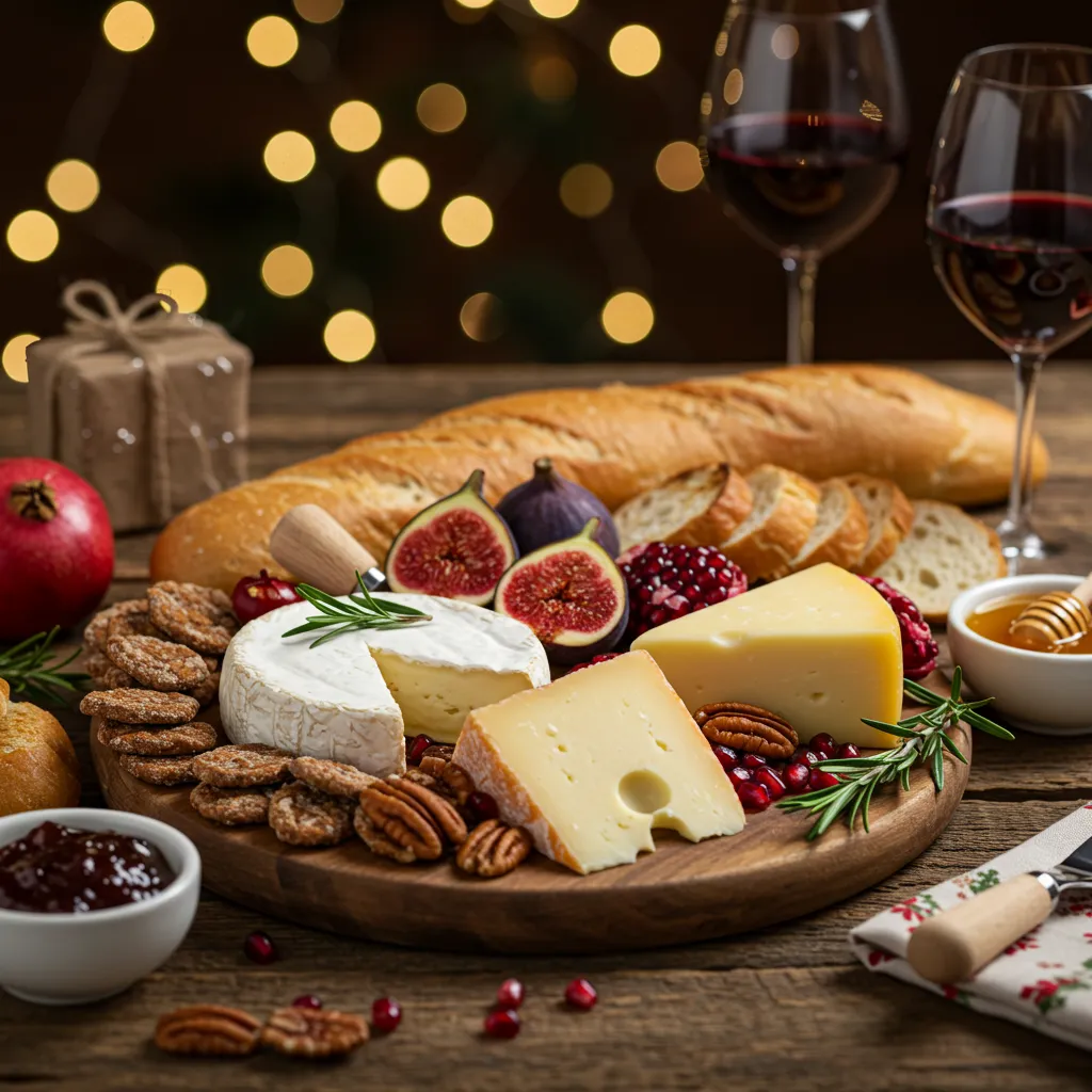 A festive Christmas cheese board with Brie, Gouda, and Emmental, surrounded by figs, pomegranate seeds, nuts, and honey, set on a rustic wooden table with holiday lights.