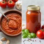 Homemade tomato sauce in a rustic bowl with fresh tomatoes, garlic, and basil, alongside a sealed jar of preserved tomato sauce.
