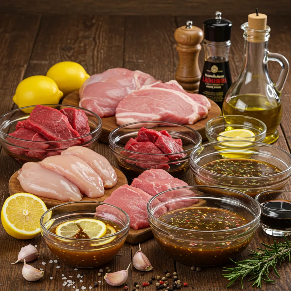 Various raw meats, including chicken, beef, and pork, arranged on a wooden table with bowls of marinade, fresh ingredients like garlic, lemon, and rosemary, and bottles of oil and vinegar.