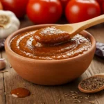 A bowl of rich, homemade guajillo sauce with a wooden spoon, surrounded by fresh ingredients like dried guajillo peppers, garlic, tomatoes, and cumin seeds.