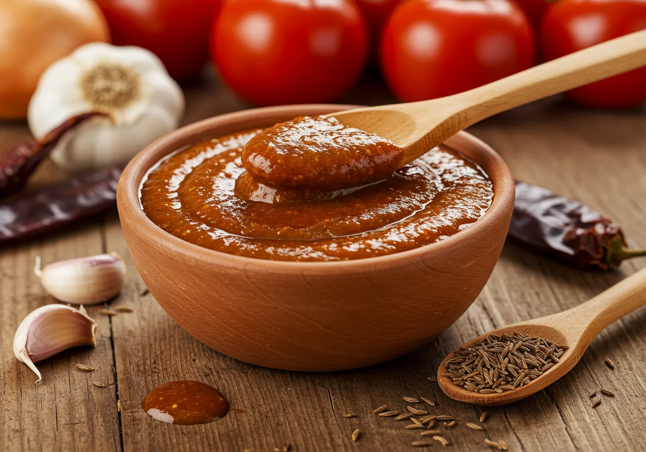 A bowl of rich, homemade guajillo sauce with a wooden spoon, surrounded by fresh ingredients like dried guajillo peppers, garlic, tomatoes, and cumin seeds.