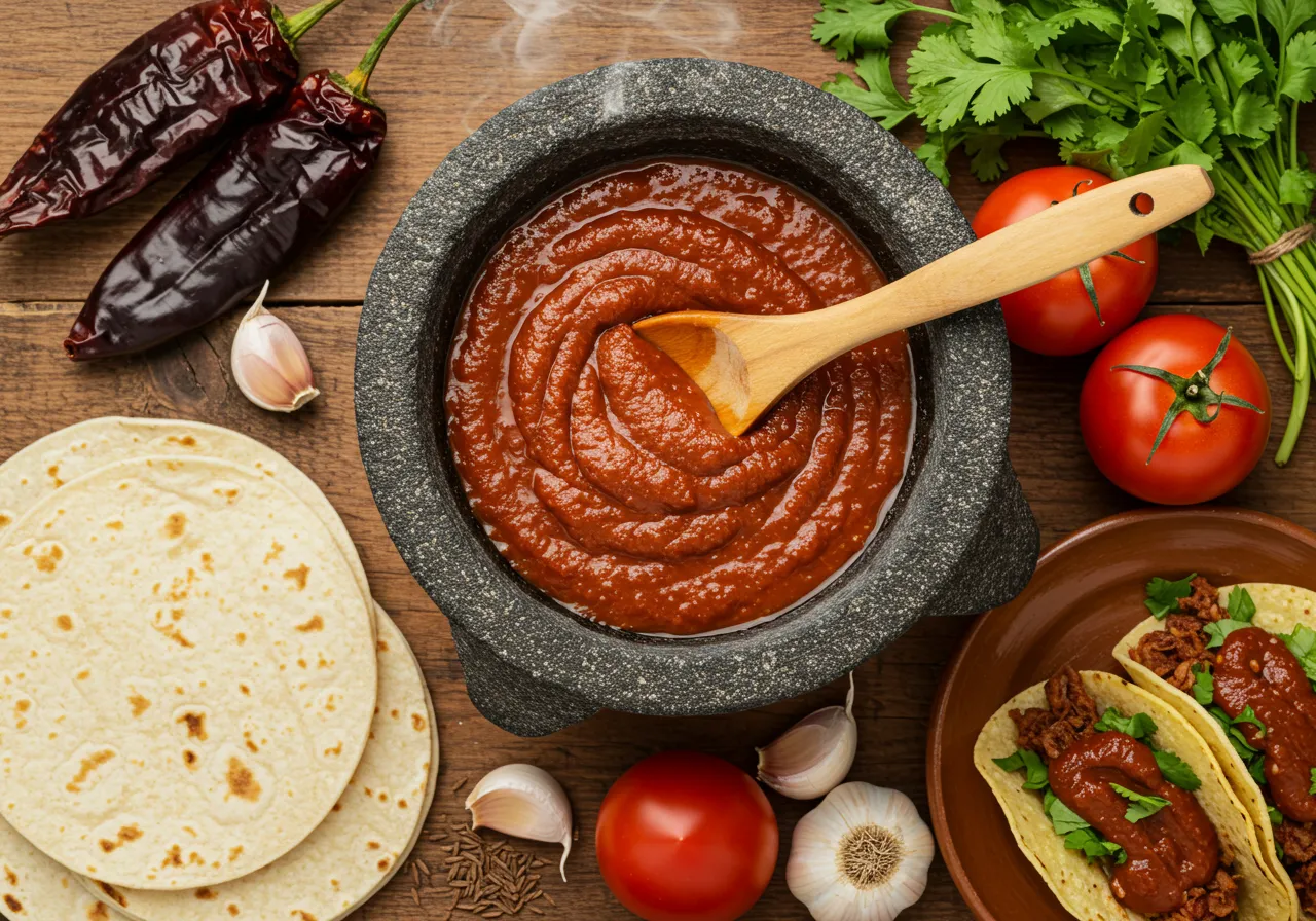 A traditional stone bowl filled with rich, homemade guajillo sauce, surrounded by fresh ingredients like dried guajillo peppers, tomatoes, garlic, and tortillas.