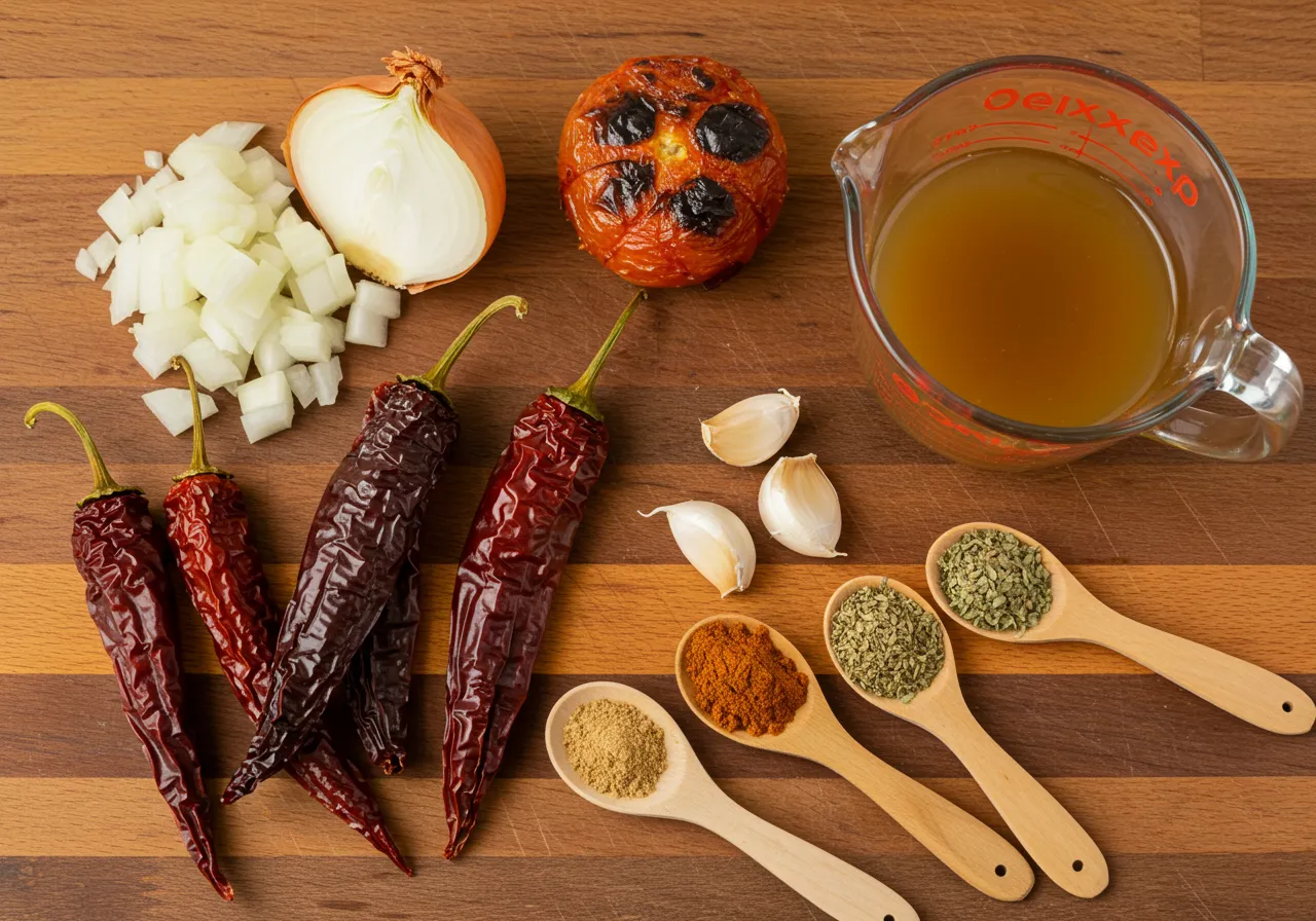 Fresh ingredients for homemade guajillo sauce, including dried guajillo peppers, chopped onion, roasted tomato, garlic cloves, spices, and broth on a wooden cutting board.