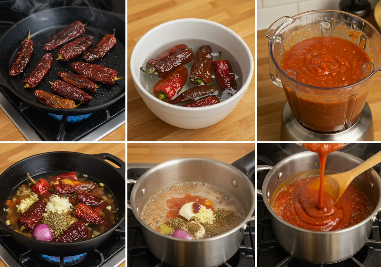 A step-by-step process of making guajillo sauce, including toasting dried peppers, soaking them, blending ingredients, and simmering the sauce on the stove.