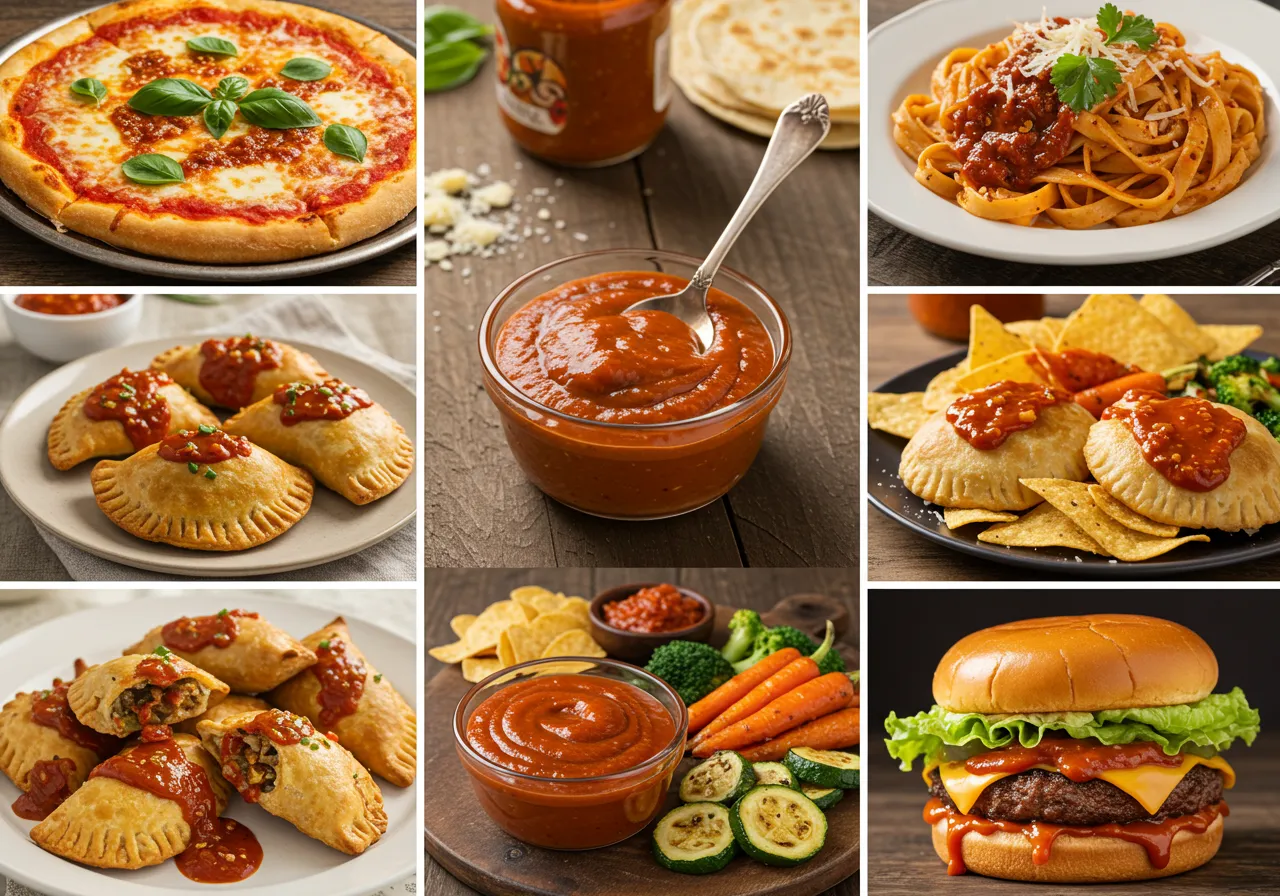 A variety of dishes featuring guajillo sauce, including pizza, pasta, empanadas, nachos, roasted vegetables, and a burger, showcasing its versatility.