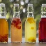 Four glass bottles of flavored vinegar infused with fruits, including strawberries, oranges, and dark berries, placed on a wooden surface with a blurred green outdoor background.