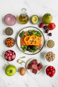 A collection of healthy foods for the menopause diet 5-day plan, including salmon, broccoli, yellow peppers, lentils, nuts, fruits, and olive oil.