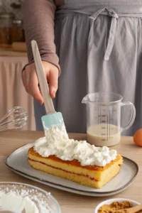 Applying whipped cream with a spatula on a layered kefir sheet cake with jam filling, placed on a serving platter.