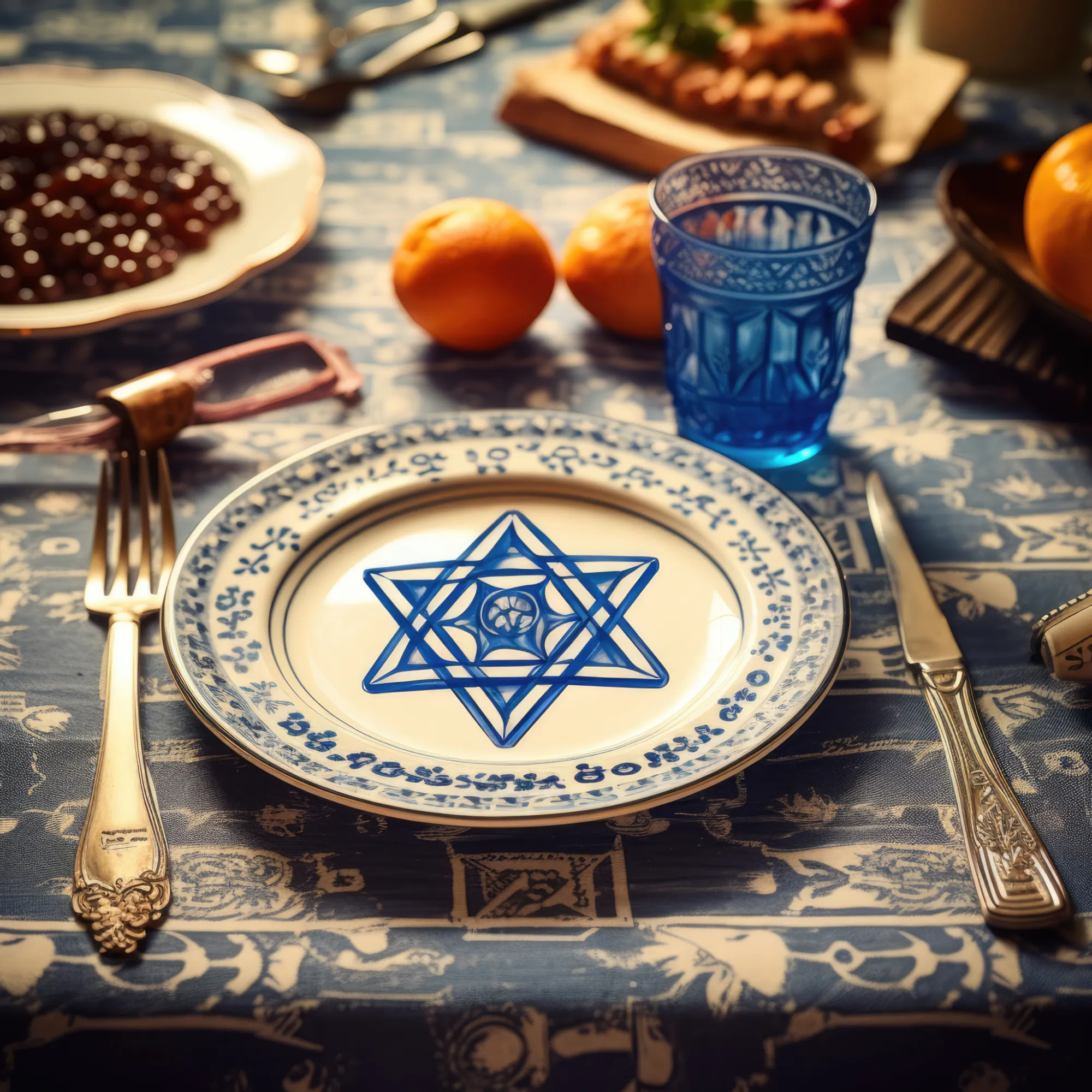 A decorative plate with a blue Star of David pattern, placed on a blue tablecloth with intricate designs, accompanied by silver cutlery and a blue glass