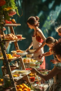 People preparing and serving sorghum festival food at a vibrant outdoor stall featuring fresh bread, fruits, and colorful dishes.