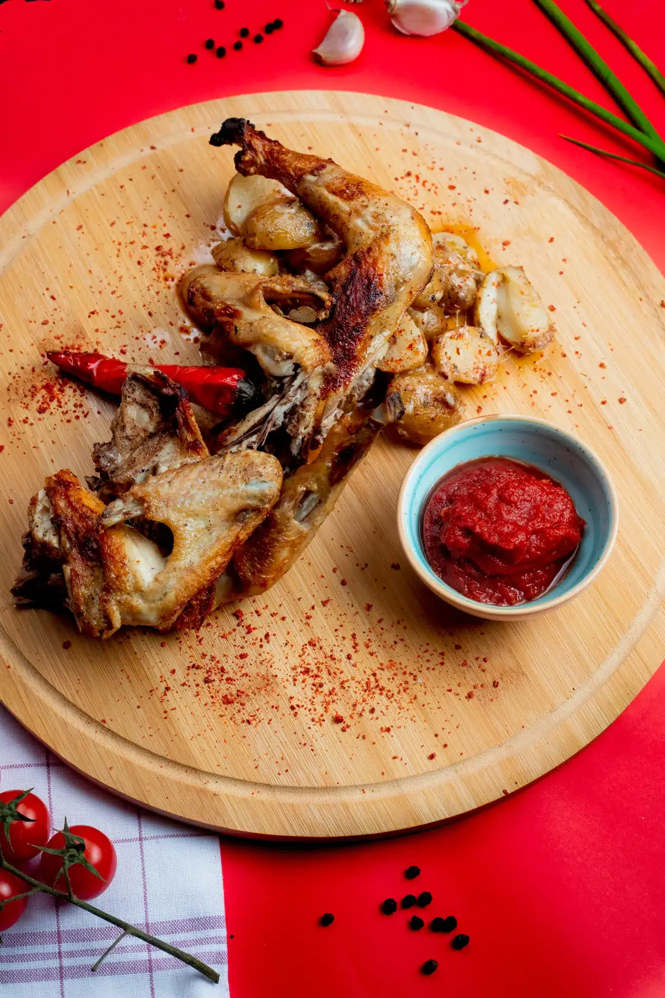 Crispy rotisserie chicken served with roasted potatoes, garlic, chili peppers, and a bowl of tomato sauce on a wooden platter.