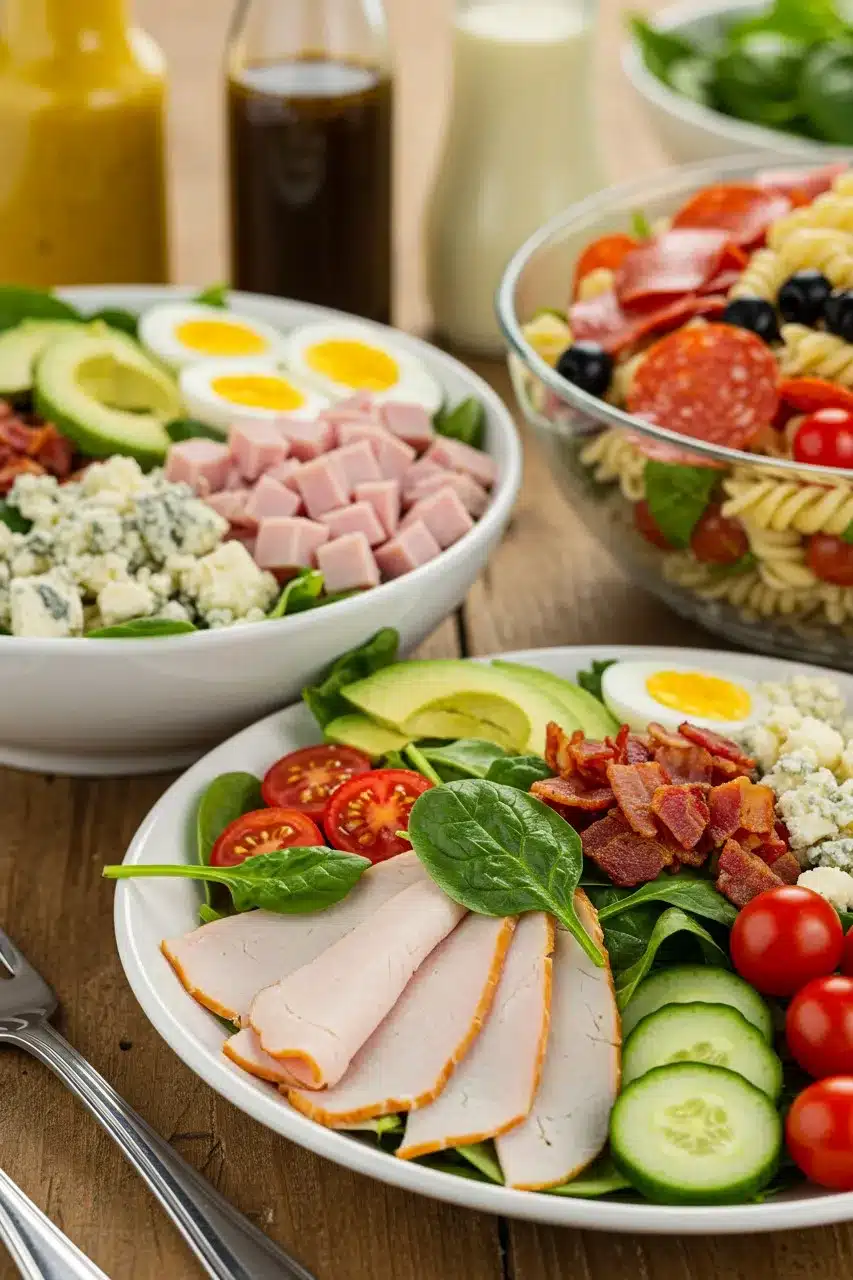 A variety of fresh salads featuring deli meat, including Cobb salad, spinach salad with turkey, and pasta salad with pepperoni.