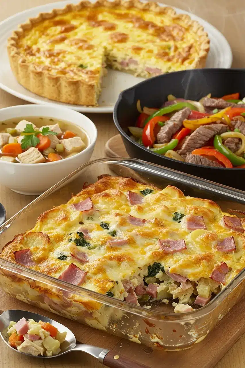 A variety of hot dishes featuring deli meat, including a ham and cheese casserole, quiche, stir-fry, and a bowl of hearty soup.