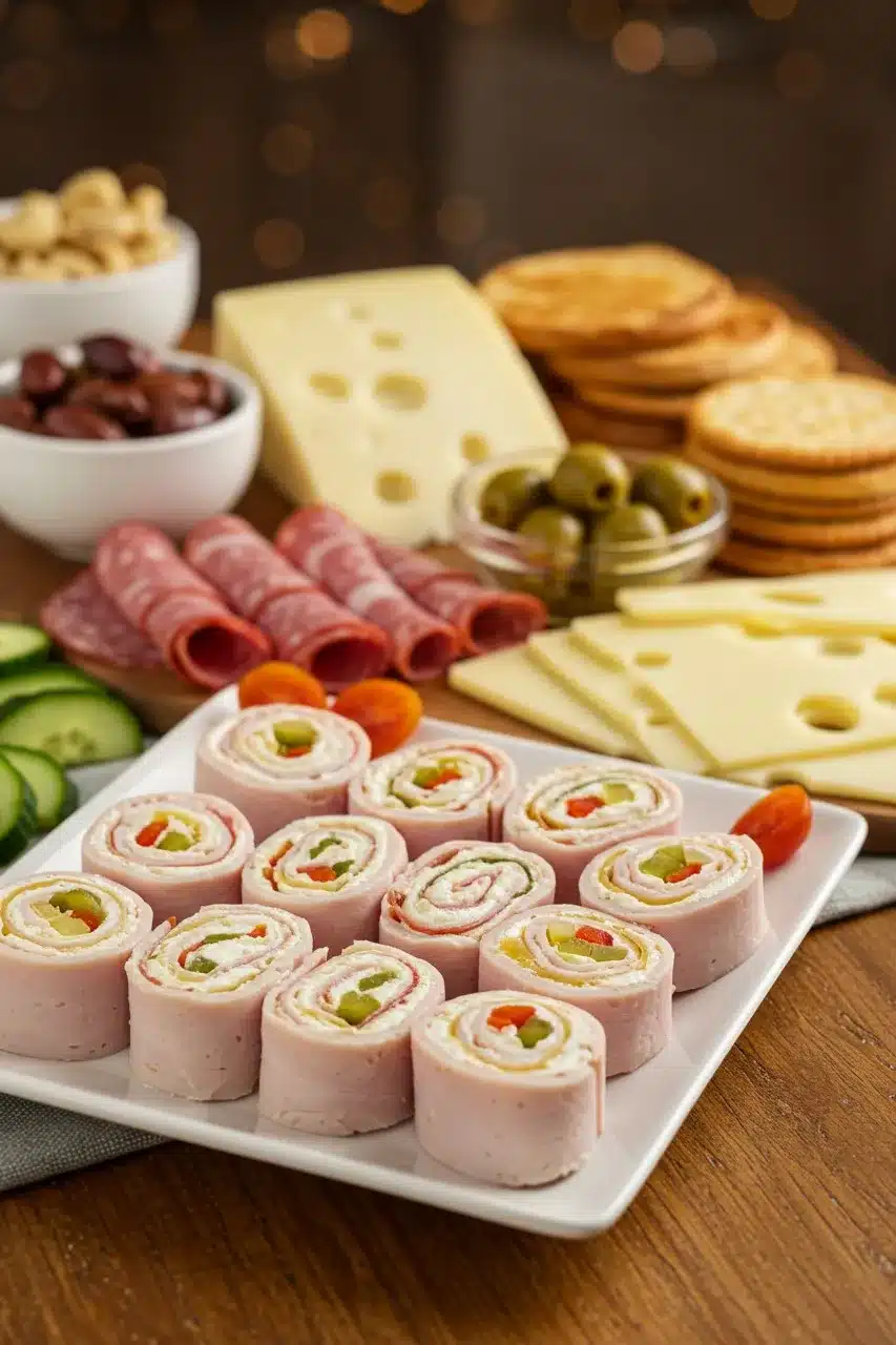 A beautifully arranged charcuterie board with deli meat roll-ups, cheese, crackers, olives, and nuts.