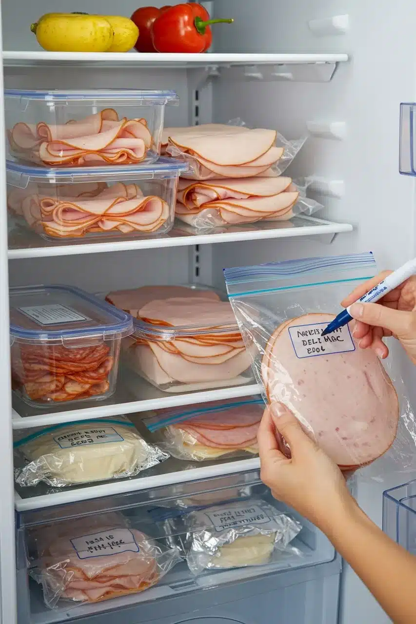 A neatly organized refrigerator with deli meats stored in airtight containers and labeled freezer bags.