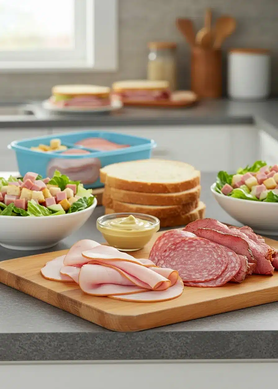 A kitchen counter displaying sliced deli meats, fresh salads, and sandwich ingredients.