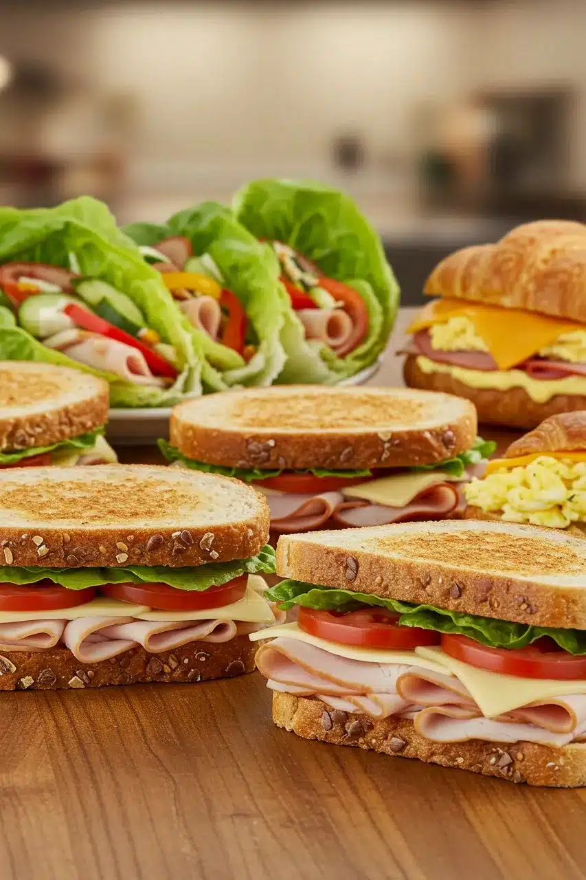 A variety of sandwiches and wraps made with deli meat, including whole-grain turkey sandwiches, lettuce wraps, and a breakfast croissant sandwich.