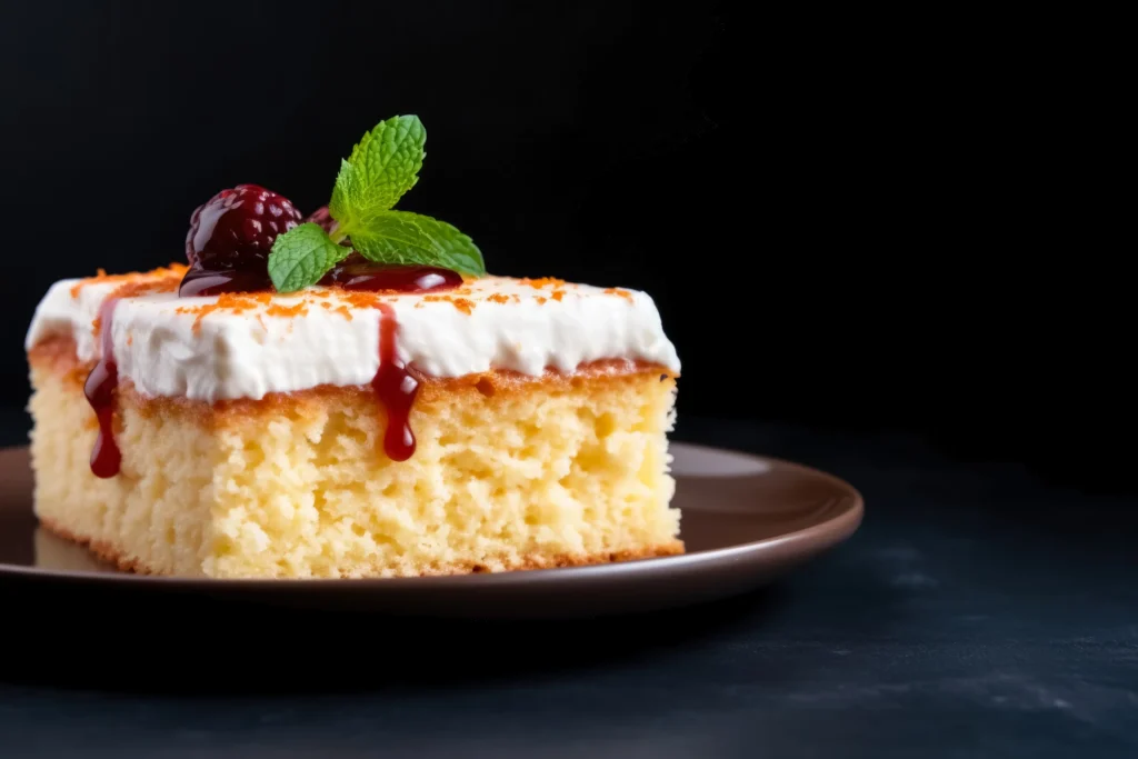 A slice of moist and fluffy kefir sheet cake topped with whipped cream, cherry compote, and fresh mint leaves, served on a brown plate against a dark background.