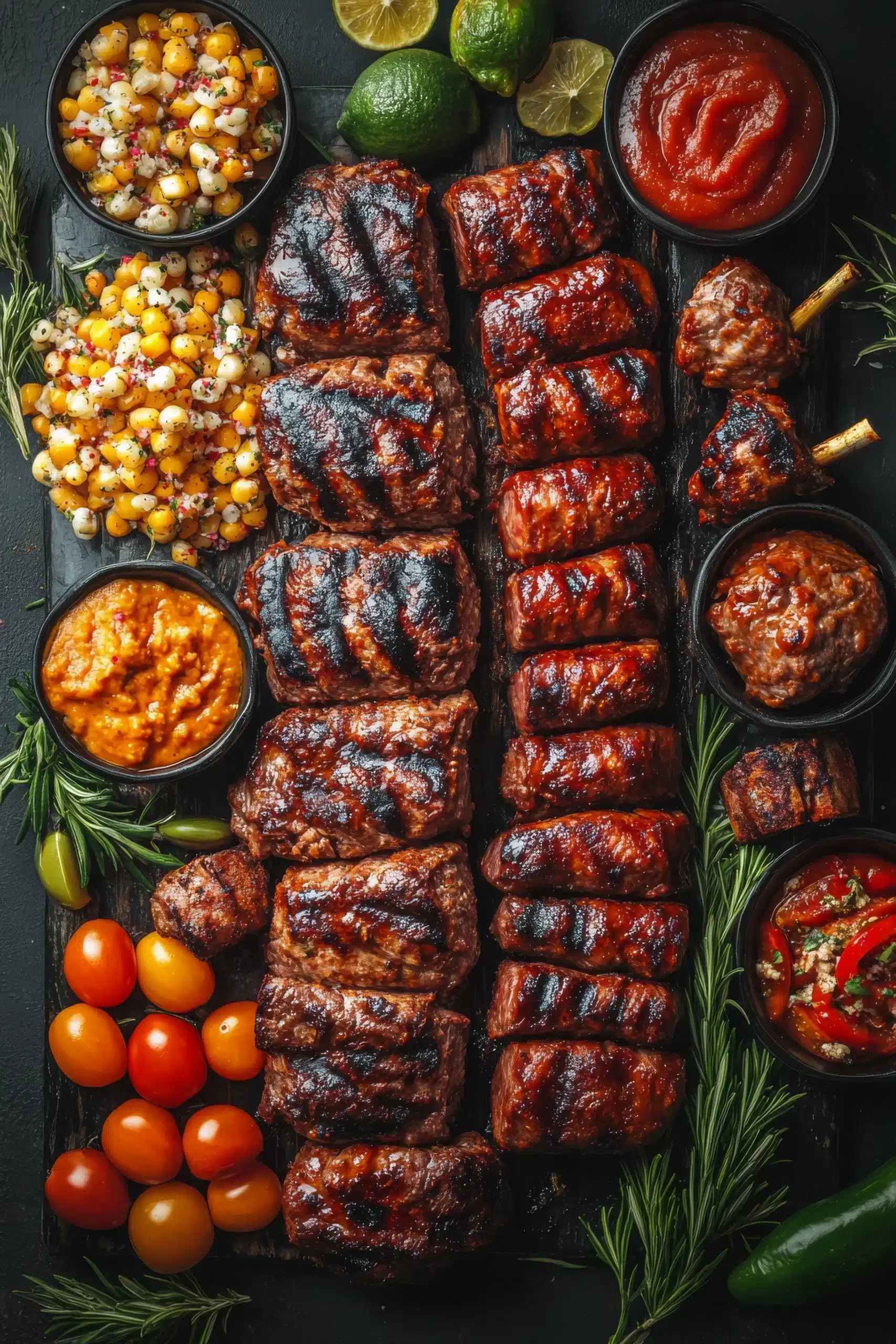 Assortment of grilled meats, roasted vegetables, and sauces served on a rustic platter with garnishes of fresh herbs and lime.