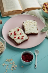 Gluten-free dairy-free breakfast with toast, dairy-free spread, and red berries on a pink plate